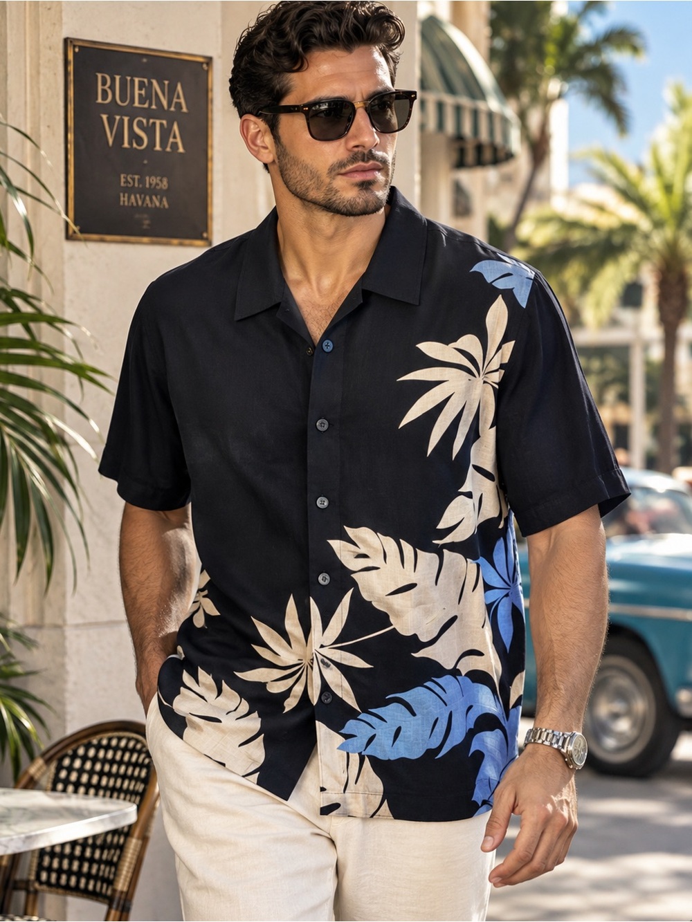 Cubavera Men’s L Black Tropical Floral Rayon Button Up Hawaiian Resort Shirt
